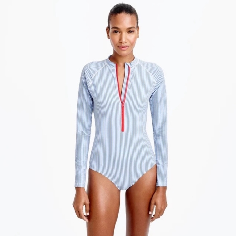 J. Crew blue and white striped rash guard one piece swimsuit size 8